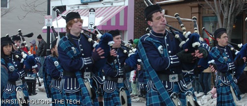 The Tampa, Fla.-based Berkeley Prep Drum and Pipe Corps marches in Sunday’s St. Patrick’s Day Parade.