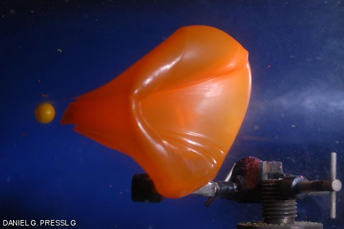 Travelling at 100 meters per second, a paintball punctures a balloon in a high-speed flash photograph shot for the 2fast4u photography exhibition.