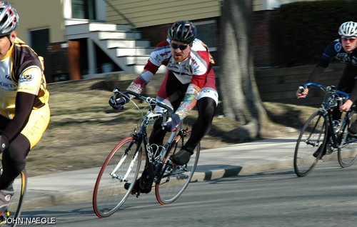 Nick C. Loomis G flies through the corners on his way to a first place win in the Men's D race of the Boston Beanpot Cycling Classic's Criterium this past Sunday.