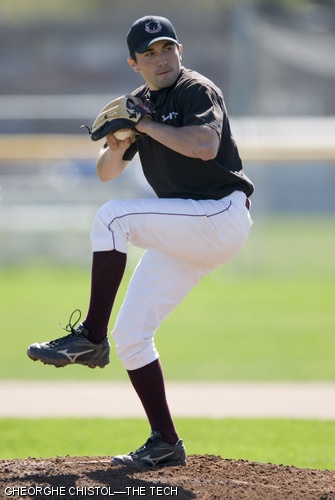Steven M. Nunez '09 prepares to pitch on Friday, May 4, in a game against Newbury College.