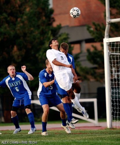 Captain Andrew M. Bishara ’09 scores the second goal for MIT, planting a header in the back of the net.