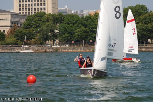 Elizabeth L. Palmer ’09 and Rachel B. Licht ’10 start the Man-Labs Trophy regatta this past Saturday, Sept. 8. MIT’s A Division sailing places first, just ahead of Yale and Harvard.