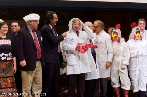 Ig Nobel and Nobel Prize winners take the stage together at the close of the Seventeenth 1st Annual Ig Nobel Prize Ceremony in Harvard’s Sanders Theatre on Thursday night.
