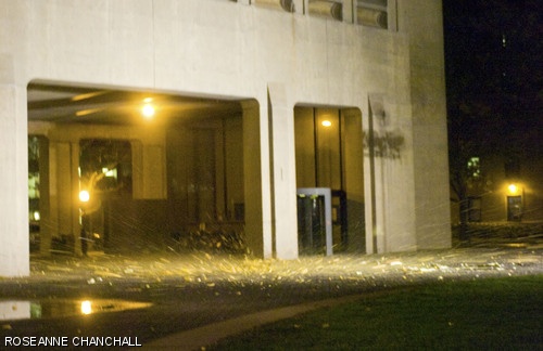 Pumpkins explode as they hit the ground at the end of their 21-story fall from the roof of the Green Building during last Saturday's Pumpkin Drop.