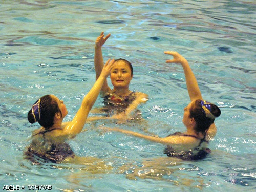 Karen L. Chu ’08, Lucia T. Tian ’08, and Anna J. Simon ’10 (clockwise from left) of the MIT synchronized swimming team compete in the 2008 East Zone Regionals held last weekend at Canisius College in Buffalo, New York.