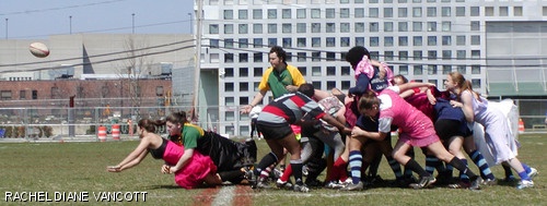 The MIT women’s rugby team plays against Brandeis University in the Saturday morning Prom Dress Rugby Tournament. Six teams competed in the annual event on Briggs Field.