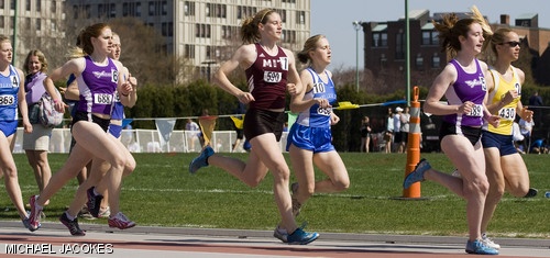Adrienne M. Bolger ’09 drafts off the leaders in the first lap of the women’s 800 meter run during Saturday’s annual Spring Invitational at Steinbrenner Stadium. Bolger went on to pass the leaders and take the victory in 2:20.94.