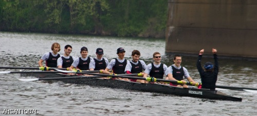 Coxswain Maria J. Telleria ’08 raises her hands in triumph as the men’s lightweight crew team recovers after a race against the University of Pennsylvania on Saturday.