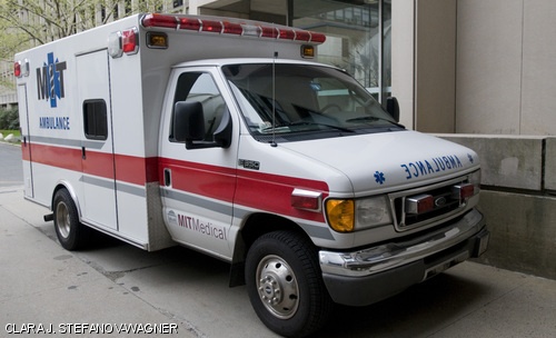 The MIT-EMS ambulance parked outside Building 9.