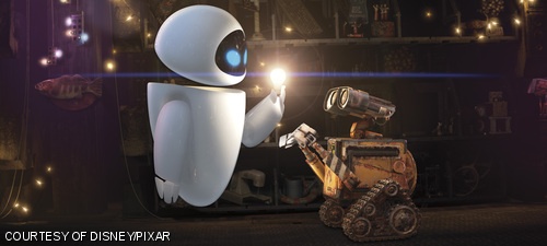 The last robot on earth, WALL-E, is fascinated by EVE’s ability to turn on an incandescent light bulb.