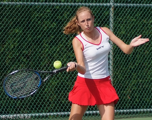 Freshman Alexandria C. Hall hits a forehand during the Engineers’ first conference match against Springfield College at the du Pont Tennis Courts on Saturday.