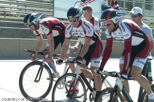 The MIT men’s cycling team composed of Jason A. Sears G, Anthony J. Schrauth G, and Michael L. Garrett G take off from the line at the Collegiate Track Nationals.