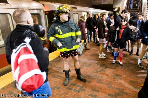 A firefighter is seen participating at the annual Boston No Pants event.
