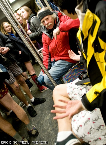 Pants-free people ride the subway on Jan. 10.