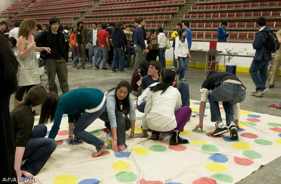 Prefrosh play a game of Twister hosted by East Campus at the CPW festival on Thursday night in Johnson.