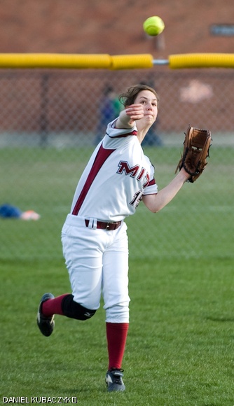 Kate Phillips ’10 defends the outfield in the second game of Friday’s doubleheader against the Coast Guard Academy. MIT lost both games 9-0 and 11-1.