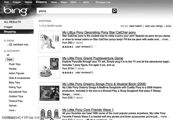 Sub-par results after shopping for a pony on Bing.