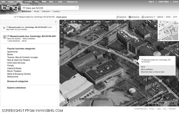 A satellite view of MIT’s entrance at 77 Mass Ave on Bing.