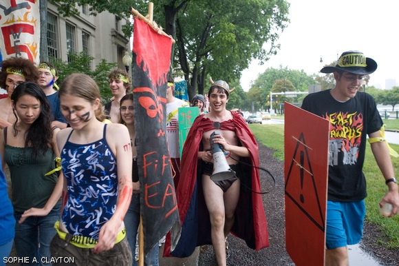 East campus water war combatants parade down Memorial Drive Saturday on their way to the battleground on Kresge Oval.