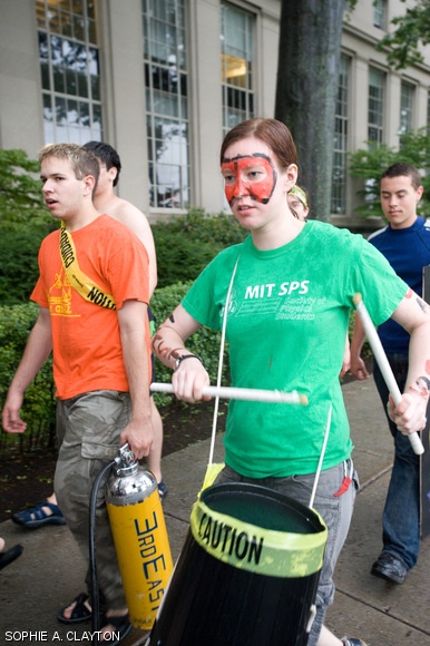 Katheryn D. French ’11 beats the battle drum as east campus marches into battle during the East vs. West Water War on Saturday.