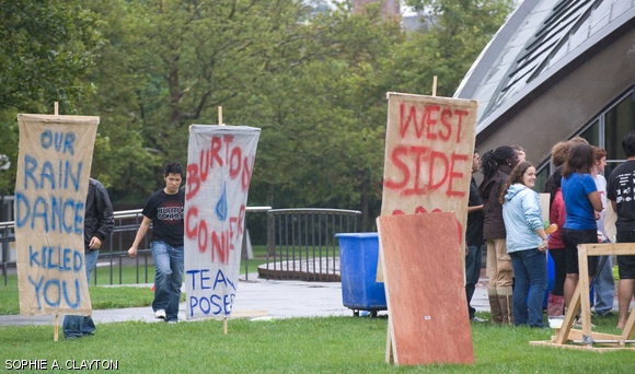 West campus’s forces prepare to battle the east campus army in the annual water war on Sunday.