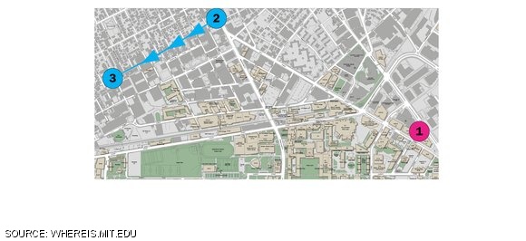 Location of (1) Aug. 28 stabbing at the Kendall T, (2) robbery on Aug. 31 at Brookline & Mass. Ave. The assailant fled west and was apprehended at (3), in the vicinity of Erie and Brookline.