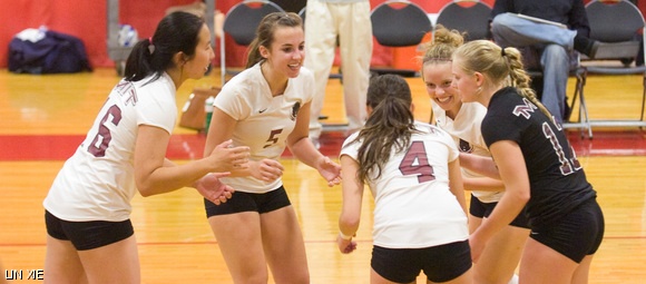 Players of the women’s volleyball team celebrate after winning a point during Friday’s match against Bridgewater State College at Rockwell Cage. The Engineers won this leg of the Tuft’s Invitational 3-0.