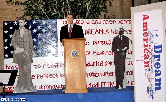 The “On the Shoulders of Giants” display was vandalized during the week of Feb. 2; a cardboard cutout of President Abraham Lincoln (pictured here) was replaced with a cutout of “Crocodile Hunter” Steve Irwin.