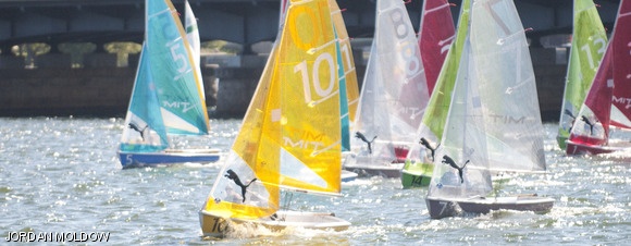 Flying Junior sailboats race upwind after the start of a race of the Women’s Toni Deustch Trophy regatta at MIT on Saturday afternoon.