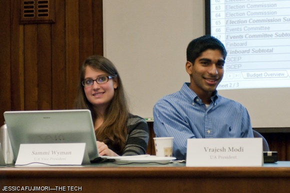 Undergraduate Association President Vrajesh Modi and Vice President Sammi Wyman preside over the first UA Senate meeting of the term Monday. The meeting focused on the budget for the year.
