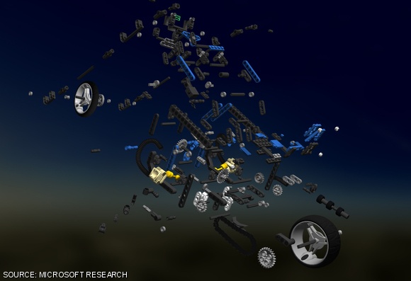 A screen shot of a motorcycle from Mundie’s talk. Mundie used his arms to manipulate the motorcycle image, viewed in 3-D, expanding it to show its internal parts.