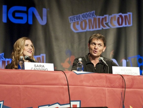SARA CANNING AND KEVIN WILLIAMSON, CAST MEMBERS OF THE UPCOMING CW SHOW VAMPIRE DIARIES, ANSWER QUESTIONS FROM EXCITED FANS AT NEW YORK COMIC CON 2010.