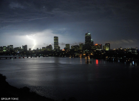 Lightning appeared in the sky over Boston during the tornado and thunderstorm last week.