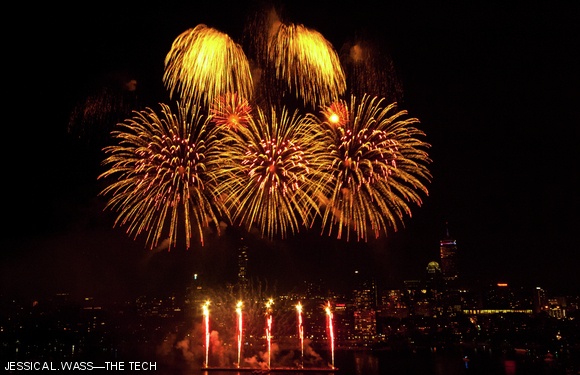 Over 15,000 fireworks lit up the sky above the Charles River on Monday night.