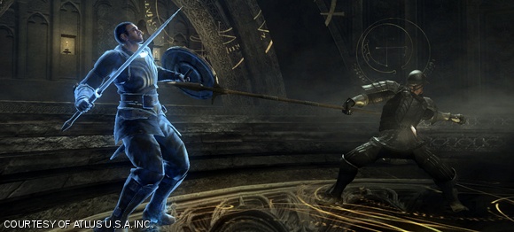 A player character attacks the Crestfallen Warrior in the Nexus, a hidden temple.