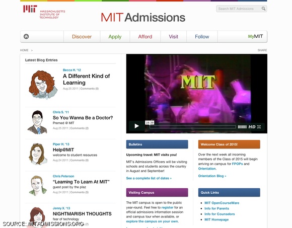 Left, admissions website after redesign. Right, website before redesign.