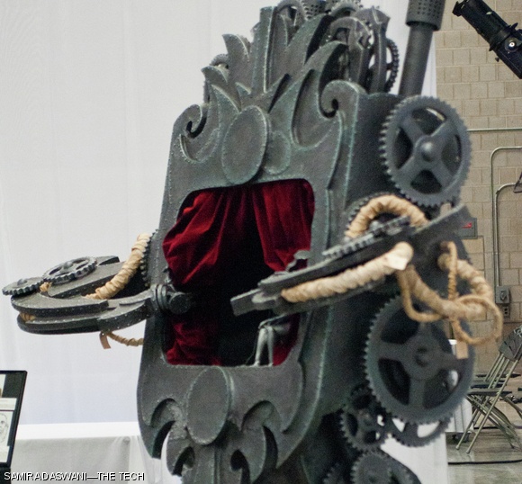 This futurist humanoid machine was featured at the art gallery space at t=0, the entrepreneurship conference that took place at MIT this past weekend. Engineers, scientists, architects, inventors, and hackers came together to invent something new.