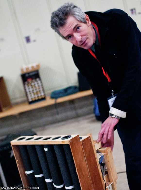 Instrument designer Jason Sidney Sanford displays one of his creations. Sanford also led a workshop focused on the importance of feedback in design.
