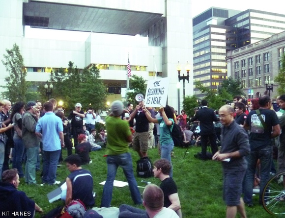 Occupy Boston protesters organize into small groups for discussion. By 8 p.m. on Friday, approximately 2000 people had arrived at Dewey Square for the event.