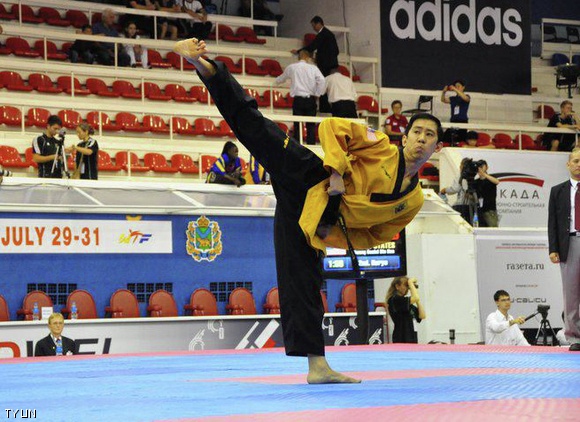 Master Dan Chuang competes as part of the U.S. National Poomsae Team during the World Taekwondo Poomsae Championships in Vladivostok, Russia.