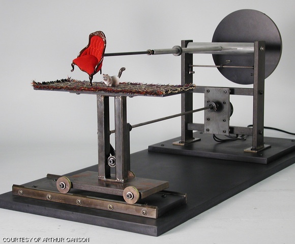 Arthur Ganson’s “Margot’s Other Cat” adds a touch of humor to Gestural Engineering, on view at the MIT Museum.