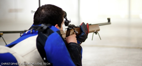 Michael A. Batista ’12 competes in the Men’s Smallbore event during Friday’s rifle competition against the U.S. Naval Academy and Wentworth Institute of Technology.