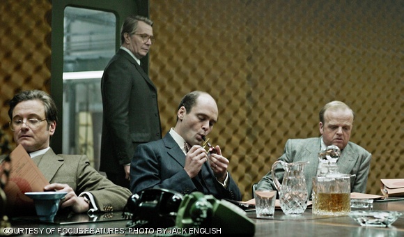 Colin Firth, Gary Oldman, David Dencik, and Toby Jones star in the shadowy spy film Tinker, Tailor, Soldier, Spy.