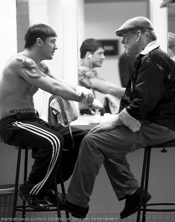 Paddy Conlon (Nick Nolte) coaches estranged son Tommy (Tom Hardy) in Warrior.