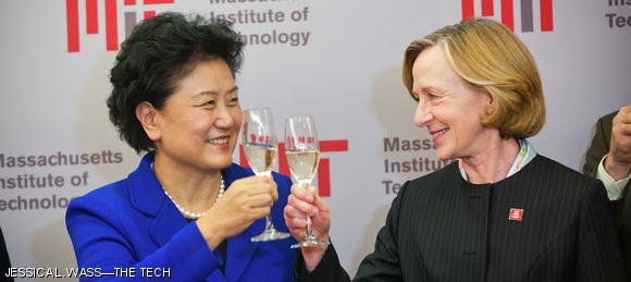 Madame Yandong Liu and President Susan J. Hockfield toast after signing an MIT-China educational partnership agreement at the McGovern Institute.