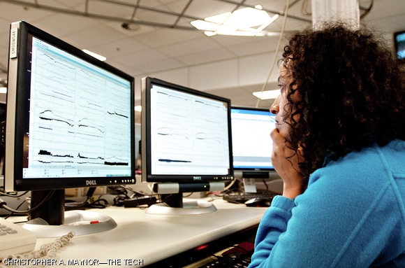 Roza Tesfaye, the power electronics engineer at Alcator, works at her station in the control room.
