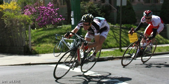 Spencer D. Schaber G negotiates a turn during the criterium race. Schaber won the Men’s A circuit race earlier as part of the MIT cycling team’s victory this past weekend at Yale.