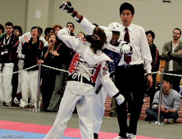 Co-captain Tara P. Sarathi ’12 scores a crescent kick on her opponent at the 2012 National Collegiate Taekwondo Championships held at MIT April 7 and 8.