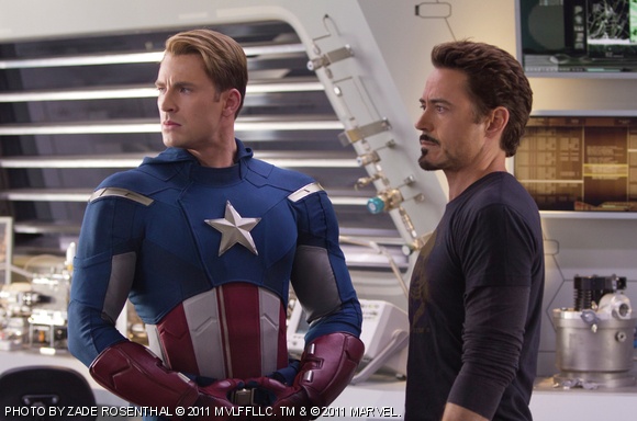 Captain America (Chris Evans) and Tony Stark (Robert Downey Jr.) in The Avengers.