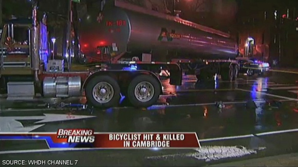 A wide angle shot of Kyaw’s bike and the tanker truck at the scene of the accident.